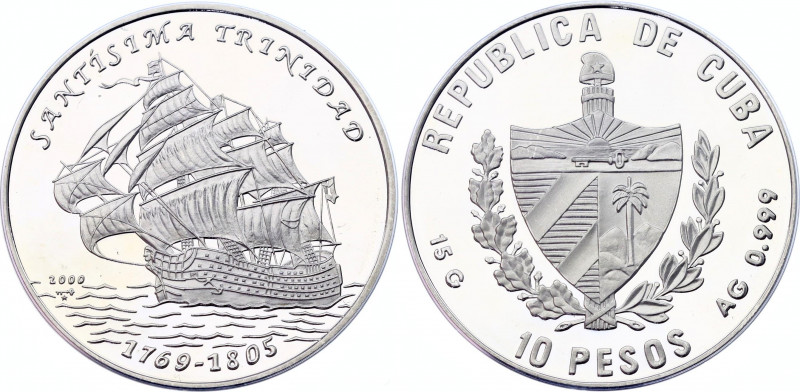 Cuba 10 Pesos 2000
KM# 758; Silver (0.999) 15g.,35mm., Proof; Sailing ship Trin...