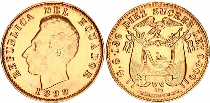 Ecuador 10 Sucres 1899 JM
KM# 56; Gold (.900) 8.13 g., 22 mm.; XF+