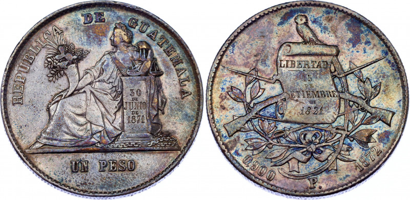 Guatemala 1 Peso 1872 P
KM# 197.1; Silver; XF with amazing toning