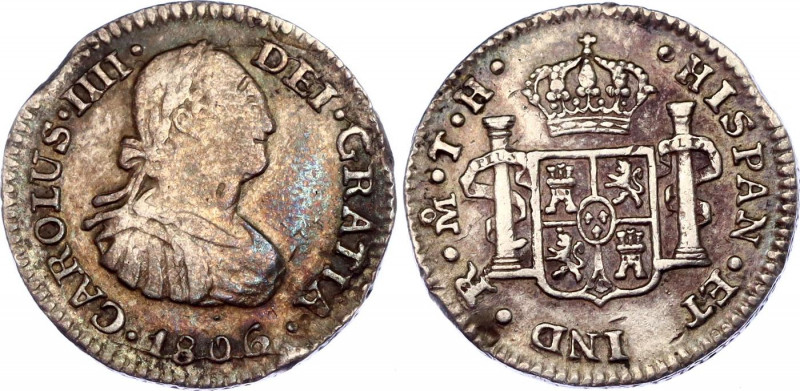 Mexico 1/2 Real 1806 TH
KM# 72; Silver; Carlos IV; XF/AUNC with nice toning, un...