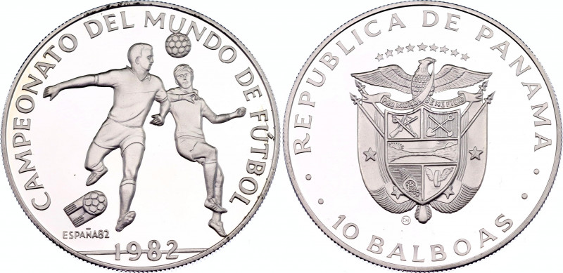 Panama 10 Balboas 1982
KM# 78; Silver, Proof; Champions of Soccer