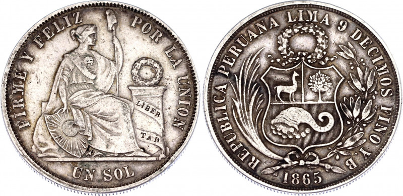 Peru 1 Sol 1865 Y.B.
KM# 196.1; Silver; XF+