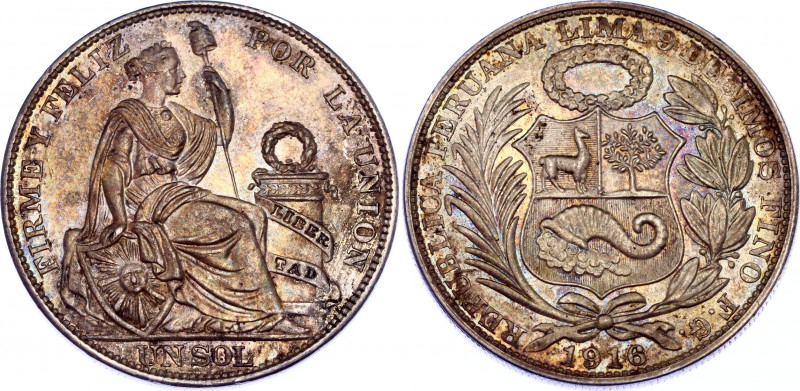 Peru 1 Sol 1916 FG Double Strike
KM# 196; Silver; AUNC/UNC with beautiful tonin...