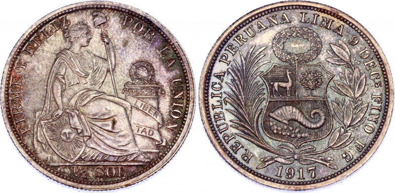 Peru 1/2 Sol 1917 FG JR Overdate
KM# 203; Silver; UNC with amazing toning