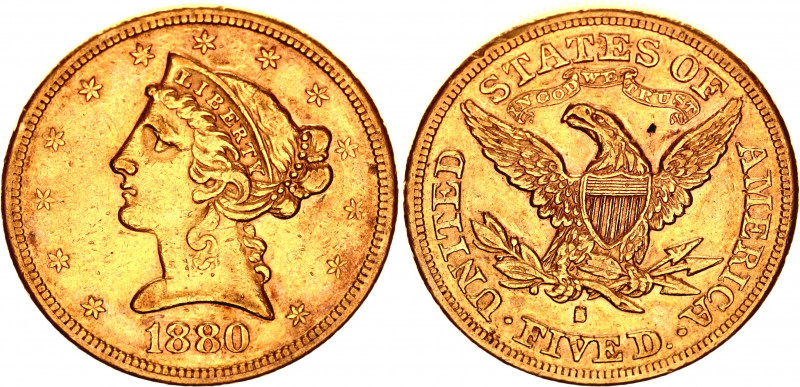 United States 5 Dollars 1880 S
KM# 101; Gold (.900) 8.35 g., 21.6 mm.; "Liberty...