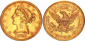United States 5 Dollars 1880 S
KM# 101; Gold (.900) 8.35 g., 21.6 mm.; "Liberty / Coronet Head - Half Eagle"; XF