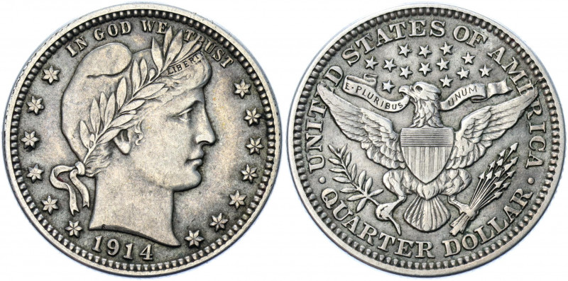 United States 1/4 Dollar 1914
KM# 114; Silver 6.22g; "Barber Quarter"; XF