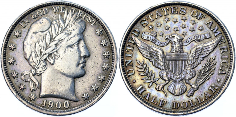 United States 1/2 Dollar 1900
KM# 116; Silver 12.47g; "Barber Half Dollar"; XF