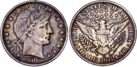 United States 1/2 Dollar 1906
KM# 116; Silver; "Barber Half Dollar"; XF-