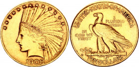 United States 10 Dollars 1908 D
KM# 130; Gold (.900) 16.71 g., 27 mm.; "Indian Head - Eagle" (with motto); XF