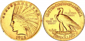United States 10 Dollars 1915
KM# 130; Gold (.900) 16.71 g., 27 mm.; "Indian Head - Eagle" (with motto); XF+