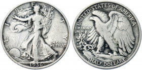 United States 1/2 Dollar 1936
KM# 142; Silver 12.31 g.; Walking Liberty Half Dollar; VF