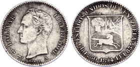 Venezuela 1/4 Bolivar 1894
KM# 20; Silver; VF/XF