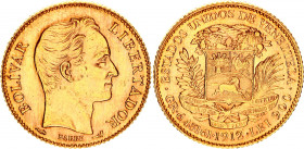 Venezuela 20 Bolivares 1912
Y# 32; Gold (.900) 6.45 g., 22 mm.; UNC with full mint luster