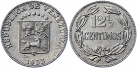 Venezuela 12 1/2 Centimos 1958
Y# 39; Copper-Nickel 4.92 g.; AUNC