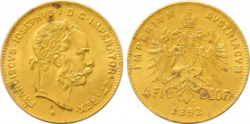 1892 Austria 4 Florins (10 Francs) Franz Joseph I Restrike. KM-2260. 3.20 g, Grade: UNC