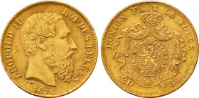 1875 Belgium 20 Francs Leopold II. KM-37.  6.40 g. Grade: AU/UNC