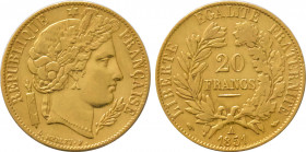 1851-A France 20 Francs Republic. KM-762. 6.40 g. Grade: XF/AU