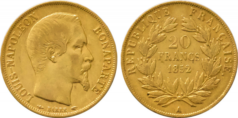 1852-A France 20 Francs Napoleon III. KM-774. 6.40 g. Grade: XF/AU