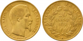 1852-A France 20 Francs Napoleon III. KM-774. 6.40 g. Grade: XF/AU
