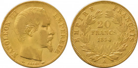 1854-A France 20 Francs Napoleon III. KM-781.1. 6.40 g. Grade: XF/AU