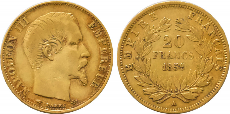 1859-A France 20 Francs Napoleon III. KM-781.1. 6.40 g. Grade: XF/AU