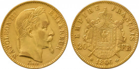 1866-BB France 20 Francs Napoleon III. KM-801.2. 6.40 g. Grade: XF/AU