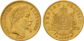 1866-BB France 20 Francs Napoleon III. KM-801.2. 6.40 g. Grade: XF/AU