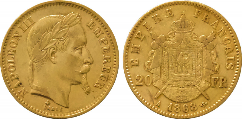 1868-A France 20 Francs Napoleon III. KM-801.1. 6.40 g. Grade: XF/AU