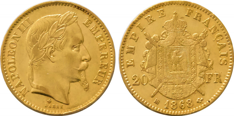 1868-BB France 20 Francs Napoleon III. KM-801.2. 6.40 g. Grade: XF/AU