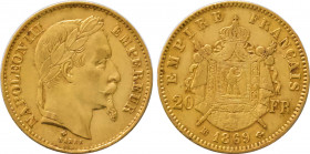 1869-BB France 20 Francs Napoleon III. KM-801.2. 6.40 g. Grade: XF/AU