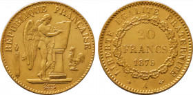 1875-A France 20 Francs Third Republic. KM-825. 6.40 g. Grade: XF/AU