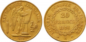 1876-A France 20 Francs Third Republic. KM-825. 6.40 g. Grade: XF/AU