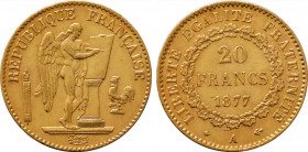 1877-A France 20 Francs Third Republic. KM-825. 6.40 g. Grade: XF/AU