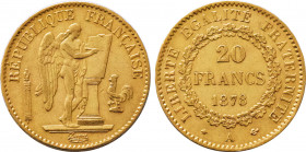 1878-A France 20 Francs Third Republic. KM-825. 6.40 g. Grade: XF/AU
