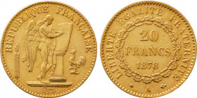 1878-A France 20 Francs Third Republic. KM-825. 6.40 g. Grade: XF/AU