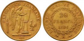 1891-A France 20 Francs Third Republic. KM-825. 6.40 g. Grade: XF/AU
