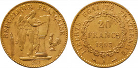 1893-A France 20 Francs Third Republic. KM-825. 6.40 g. Grade: XF/AU