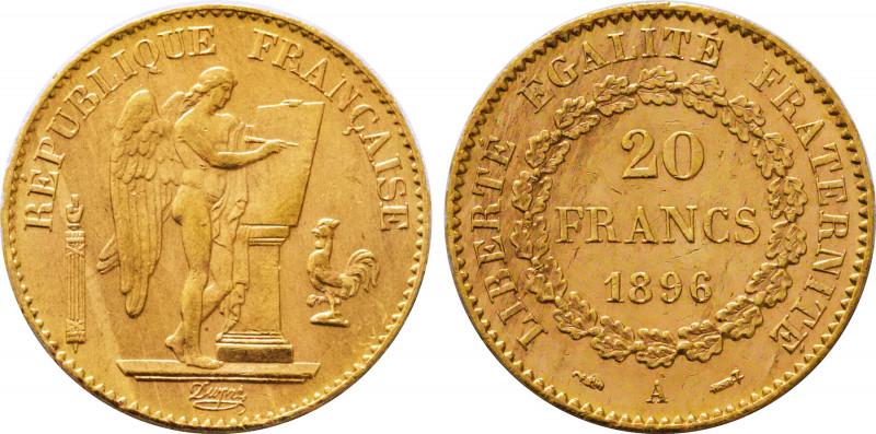 1896-A France 20 Francs Third Republic. KM-825. 6.40 g. Grade: XF/AU