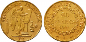 1897-A France 20 Francs Third Republic. KM-825. 6.40 g. Grade: XF/AU