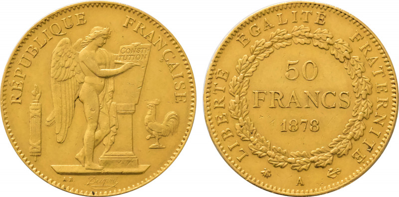 1878-A France 50 Francs Third Republic. KM-831. 16.10 g. Grade: AU/UNC