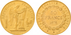 1878-A France 50 Francs Third Republic. KM-831. 16.10 g. Grade: AU/UNC
