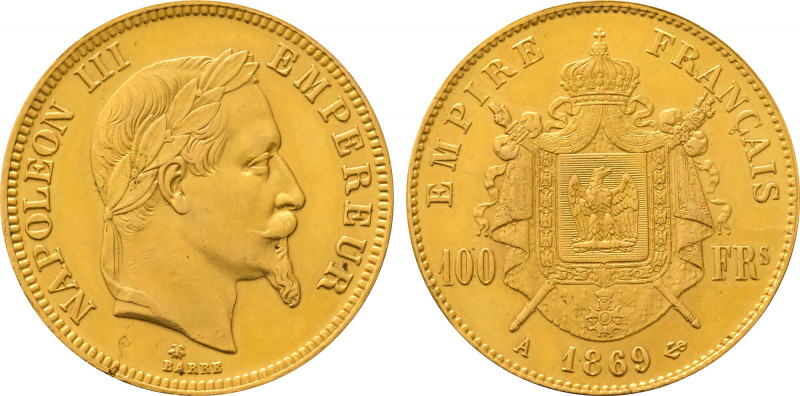1869-A France 100 Francs Napoleon III. KM-802.1. 32.20 g. Grade: AU/UNC