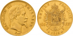 1869-A France 100 Francs Napoleon III. KM-802.1. 32.20 g. Grade: AU/UNC