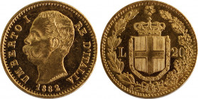1882 Italy 20 Lire Umberto I. KM-21. 6.40 g. Grade: PCGS MS63