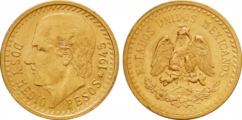 1945 Mexico 2-1/2 Pesos Estados Unidos. KM-463. 2.08 g. Grade: AU/UNC