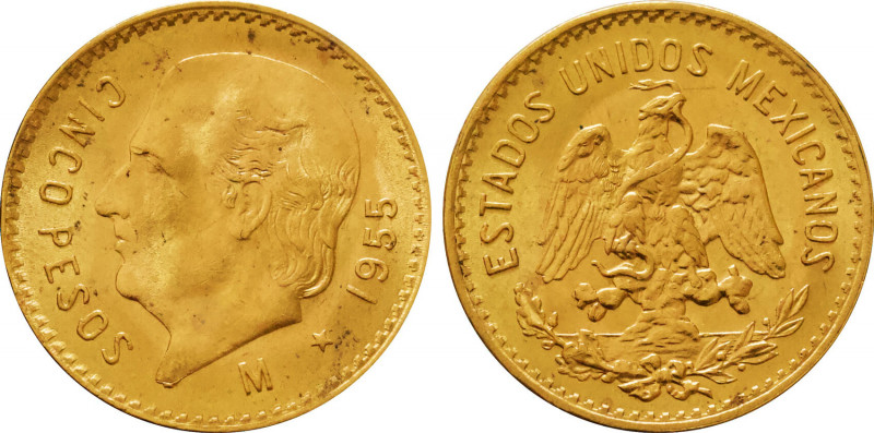 1955 Mexico 5 Pesos Estados Unidos. KM-464. 4.10 g. Grade: AU/UNC