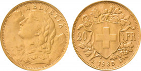 1935-LB Switzerland 20 Francs Confederation. KM-35.1. 6.40 g. Grade: AU/UNC