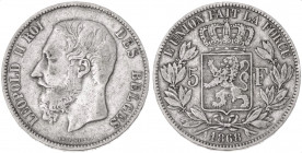 1868 Belgium 5 Francs Leopold II. KM-24. 25.00 g. Grade: VF/XF