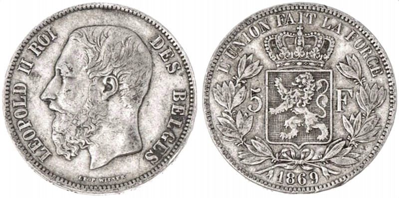 1869 Belgium 5 Francs Leopold II. KM-24. 25.00 g. Grade: VF/XF
